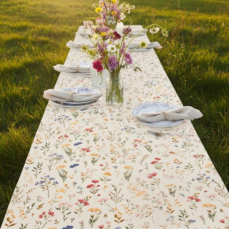 May include: A long, rectangular tablecloth with a cream background and a colorful floral pattern. The table is set with plates, napkins, and silverware. Vases of wildflowers are placed in the center of the table, creating a charming outdoor dining scene.