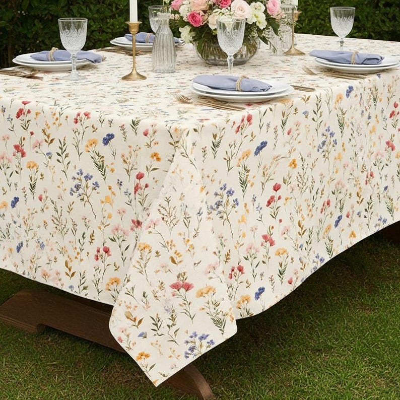May include: A rectangular tablecloth with a floral pattern featuring red, yellow, blue, and pink wildflowers on a cream background. The table is set with white plates, blue napkins, and clear glassware, creating an elegant dining scene.