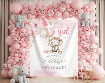 Elephant Baby Girl Shower Photo Backdrop Custom Elephant Floral Welcome Sign Baby Elephant Pink Balloons Banner Girl Shower Tapestry Decor