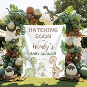 Dinosaur Baby Shower Photo Backdrop Custom Hatching Soon Banner Dinosaur Baby Welcome Sign Sweet Baby Dinosaur Tapestry Dino Party Decor image 2