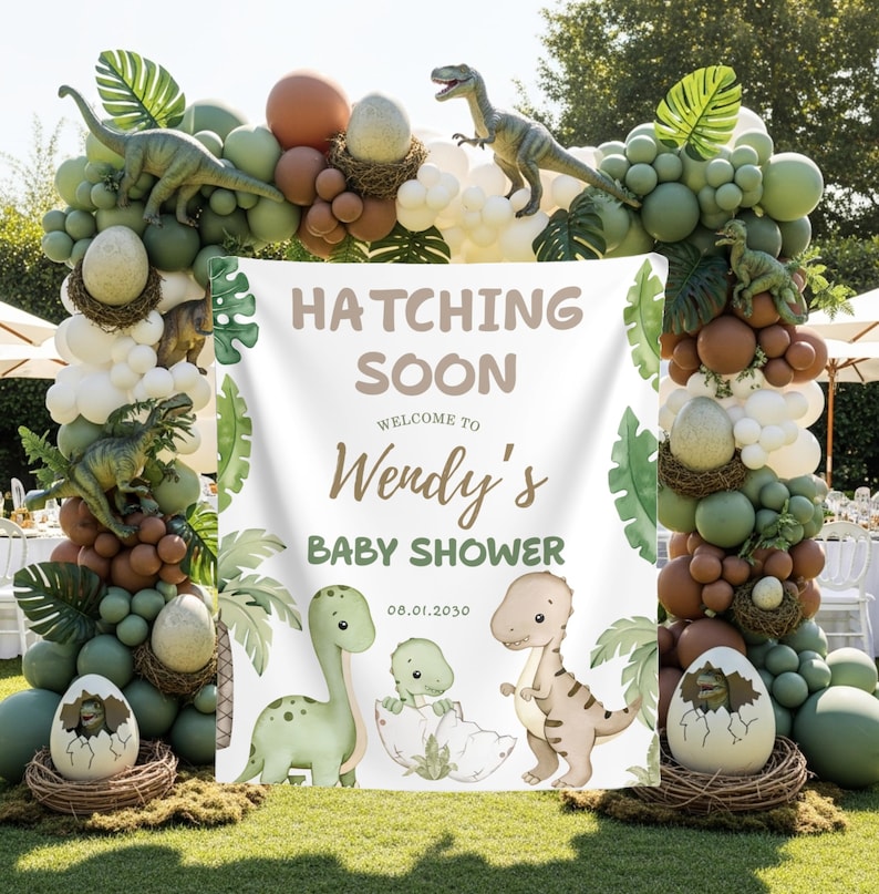 Dinosaur Baby Shower Photo Backdrop Custom Hatching Soon Banner Dinosaur Baby Welcome Sign Sweet Baby Dinosaur Tapestry Dino Party Decor image 2