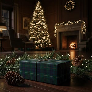 May include: A wrapped gift box with a green and blue plaid pattern, tied with twine, sits on a wooden floor. Pine needles and pine cones surround the gift. A Christmas tree with lights and a fireplace are in the background.