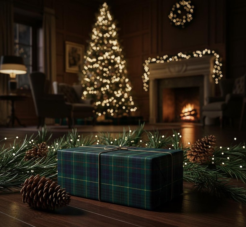 May include: A wrapped gift box with a green and blue plaid pattern, tied with twine, sits on a wooden floor. Pine needles and pine cones surround the gift. A Christmas tree with lights and a fireplace are in the background.