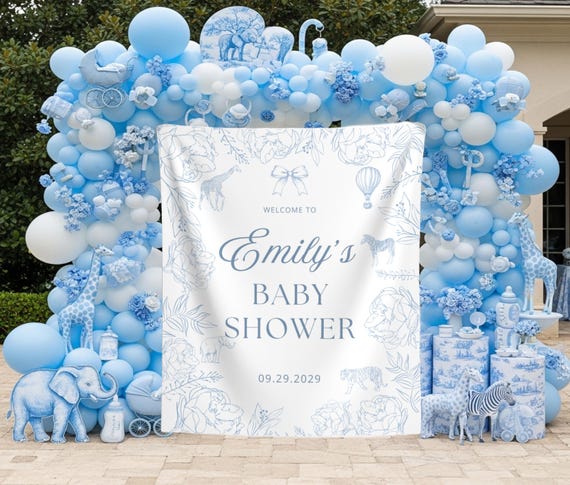 Blue Toile Safari Baby Shower Backdrop Custom Toile De Jouy Banner for Boy  Blue Safari Chinoiserie Baby Welcome Sign Elegant Blue Baby Decor