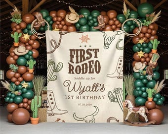 Cowboy First Birthday Photo Backdrop Custom Western 1st Rodeo Banner Wild West Birthday Welcome Sign For Boys Country Cowboy Party Decor