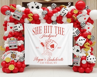 Vegas Bachelorette Photo Backdrop Casino Theme Bridal Banner She Hit the Jackpot Welcome Sign Custom Vegas Party Tapestry Cards Dice Decor