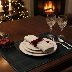 May include: A festive table setting with a green and black plaid placemat, white plates, and crystal wine glasses. A folded linen napkin is tied with a burgundy velvet ribbon. A small gift box and a name card are also on the table.
