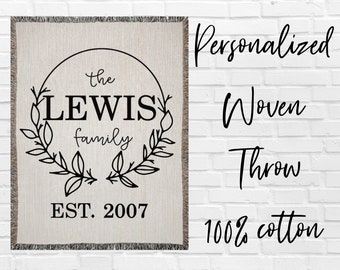 Personalized Family Name Laurel Wreath Cotton Woven Throw Blanket, Last Name Circle Monogram Blanket, Family Est Print, Anniversary Blanket