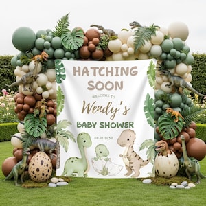 Dinosaur Baby Shower Photo Backdrop Custom Hatching Soon Banner Dinosaur Baby Welcome Sign Sweet Baby Dinosaur Tapestry Dino Party Decor image 3