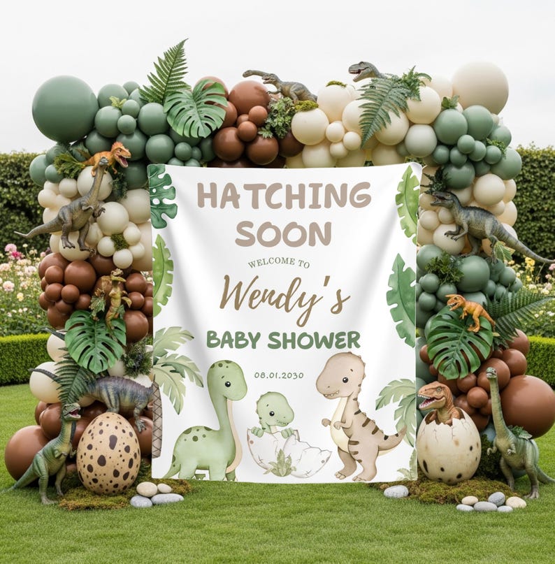 Dinosaur Baby Shower Photo Backdrop Custom Hatching Soon Banner Dinosaur Baby Welcome Sign Sweet Baby Dinosaur Tapestry Dino Party Decor image 3
