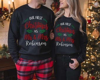 Personalized Newlywed Christmas Ugly Sweater Our First Christmas As Mr & Mrs Xmas Sweatshirt Newlywed Christmas Gift Couple Holiday Sweater