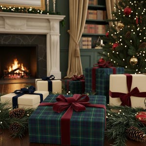 May include: A festive scene with wrapped gifts, a Christmas tree, and a fireplace. Several presents are wrapped in plaid and cream-colored paper, adorned with velvet ribbons. The Christmas tree is decorated with lights and ornaments, and a fireplace with a burning fire is in the background.