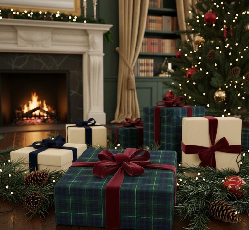 May include: A festive scene with wrapped gifts, a Christmas tree, and a fireplace. Several presents are wrapped in plaid and cream-colored paper, adorned with velvet ribbons. The Christmas tree is decorated with lights and ornaments, and a fireplace with a burning fire is in the background.