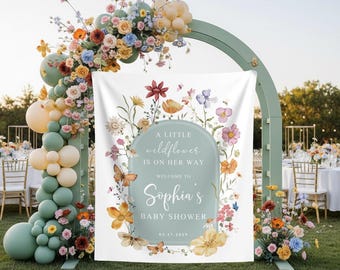 Wildflower Baby Shower Photo Backdrop A Little Wildflower Is On Her Way Welcome Sign Custom Boho Floral Butterfly Banner Spring Shower Decor