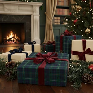 May include: Several wrapped gifts with velvet bows in cream, navy, and burgundy are arranged on a wooden floor. Some gifts are wrapped in a green and blue plaid pattern. A Christmas tree and fireplace are in the background.
