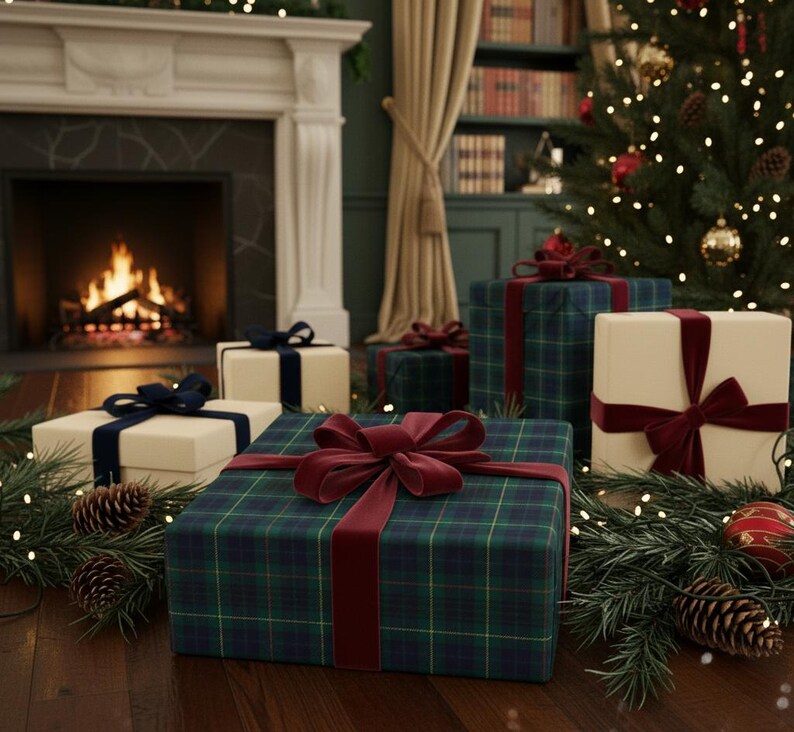 May include: Several wrapped gifts with velvet bows in cream, navy, and burgundy are arranged on a wooden floor. Some gifts are wrapped in a green and blue plaid pattern. A Christmas tree and fireplace are in the background.