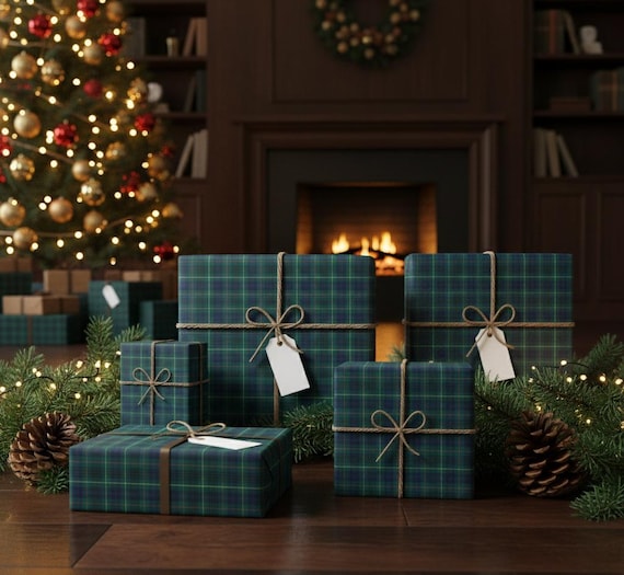 Navy & Green Tartan Plaid Wrapping Paper Keighly Tartan Gift Wrap Classic Plaid Holiday Wrap Vintage Preppy Old Money Luxury Equetrian Paper