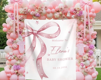 Pink Bow Baby Shower Photo Backdrop Custom Pink Ribbon Welcome Sign For Baby Girl Cute Coquette Baby Banner Bow Polka Dot Tapestry Decor