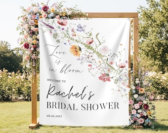 Wilde bloemen vrijgezellenfeest Fotoachtergrond Love Is In Bloom Welkomstbord Aangepaste tuin Bruidsfeest Bloemenbanner Wilde bloemen Wandtapijtdecor