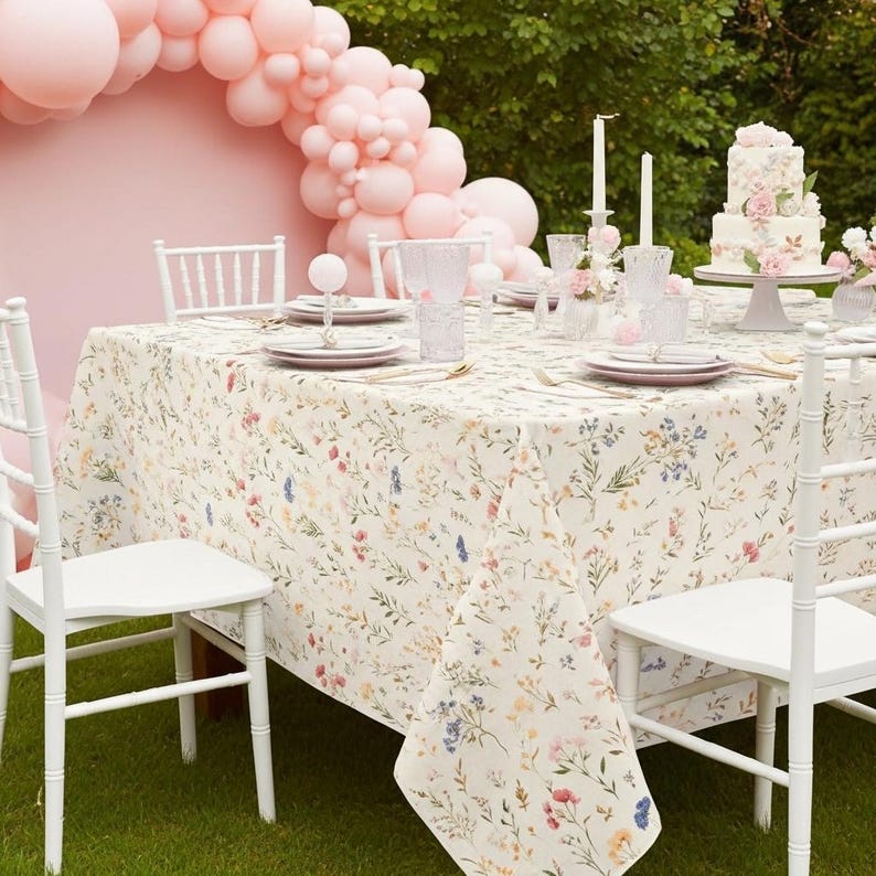 May include: A beautifully set table for a party, featuring a floral tablecloth, white chairs, and pink accents. The table is set with plates, glasses, and silverware. A cake and candles add to the festive atmosphere. A pink balloon arch is in the background.