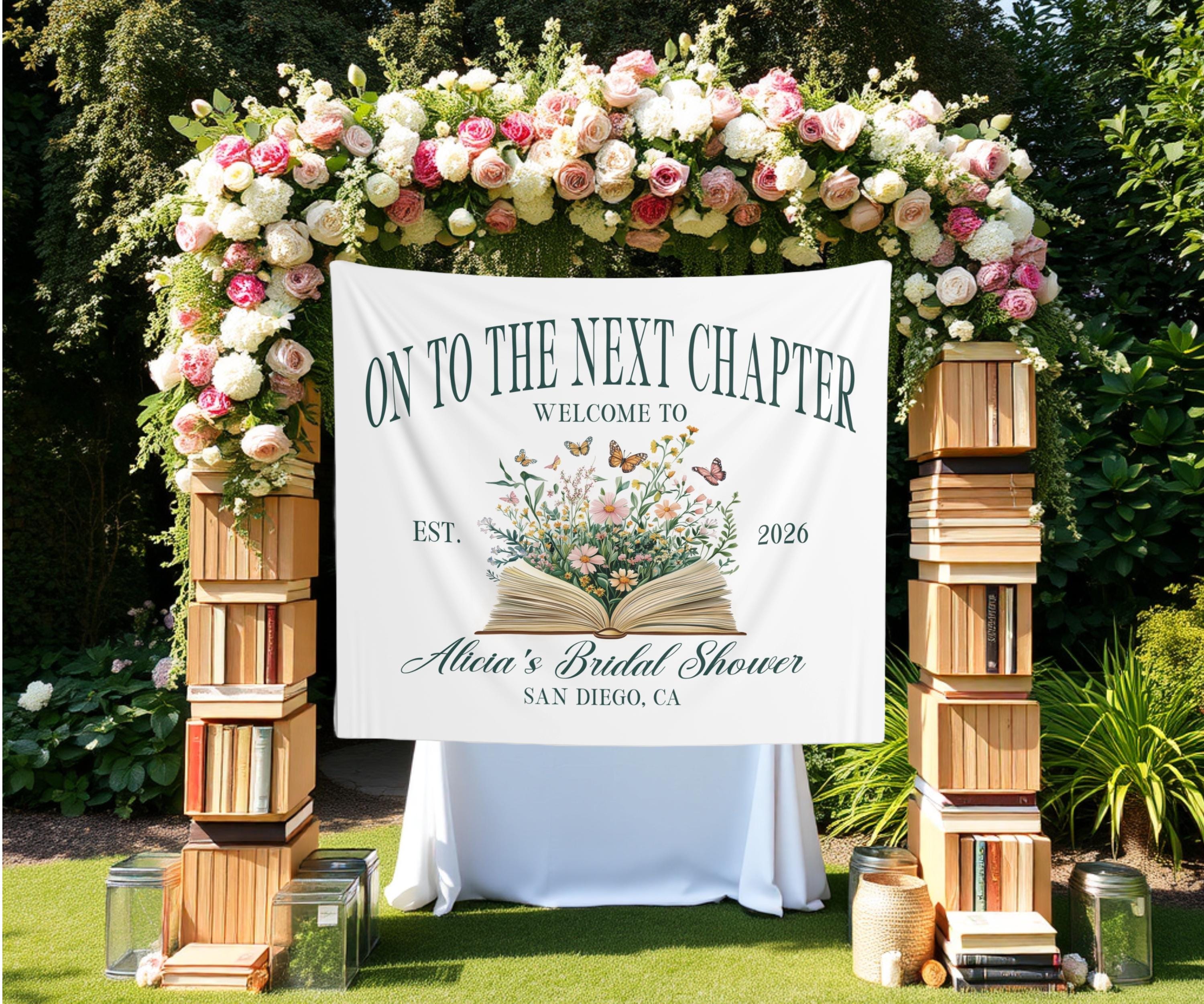 Book Themed Bridal Shower Photo Backdrop The Next Chapter Banner Custom Book Bridal Tapestry Book Wildflower Decor Book Bridal Welcome Sign