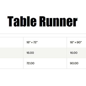May include: A table runner size chart with the heading Table Runner. The chart lists two options with dimensions in inches: 16 inches by 72 inches and 16 inches by 90 inches. The width is 16.00 inches and the lengths are 72.00 inches and 90.00 inches.