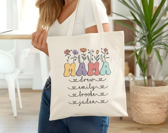 Custom Mama Cotton Canvas Tote Bag With Kids Names Mama Floral Tote Bag Mother's Day Gift Bag Retro Mama Flowers Tote Bag Mom Birthday Gift