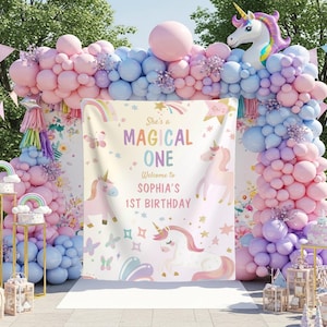 Unicorn 1st Birthday Backdrop Custom Rainbow Unicorn Welcome Sign She's a Magical One Banner Unicorn First Birthday Tapestry Party Decor