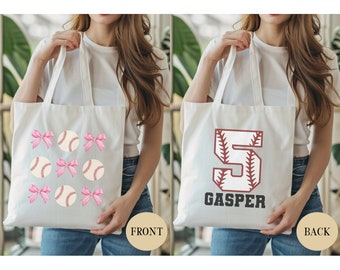 Baseball Mom Cotton Canvas Tote Bag Custom Name & Number Coquette Baseball Mom Pink Bows Tote Baseball Mama Mother's Day Gift Sports Mom Bag