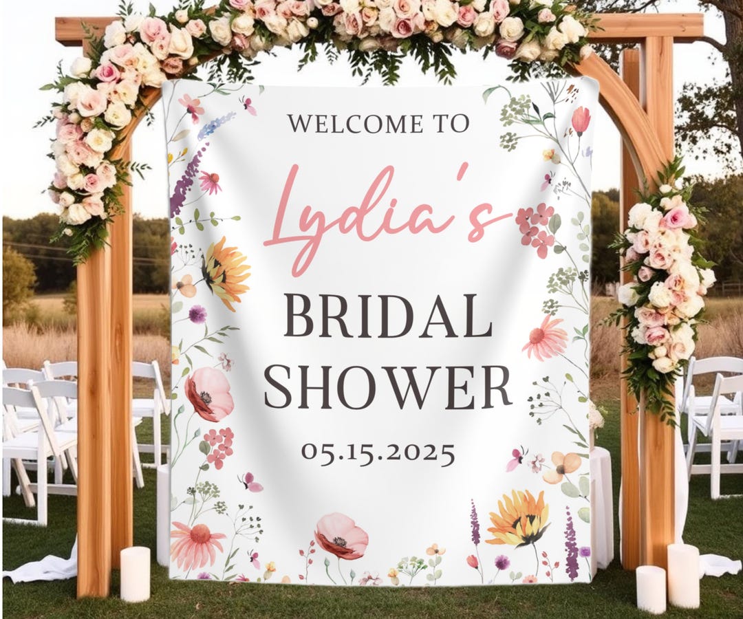 White Floral Leaf Custom Name Bridal Shower Backdrop
