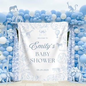Blue Toile Safari Baby Shower Backdrop Custom Toile De Jouy Banner for Boy Blue Safari Chinoiserie Baby Welcome Sign Elegant Blue Baby Decor