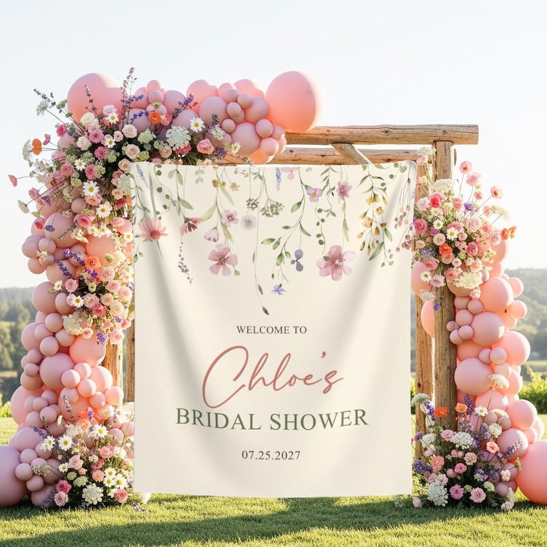 Pu&ograve; includere: Un arco floreale con palloncini e fiori rosa incornicia uno striscione con la scritta "Welcome to Chloe's Bridal Shower 07.25.2027". L'arco &egrave; in legno ed &egrave; posto su un prato.
