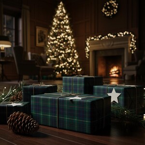 May include: Several wrapped gifts with a green and navy blue plaid pattern are arranged on a wooden surface. Each gift is tied with twine and adorned with a white star. A lit Christmas tree and fireplace are in the background.