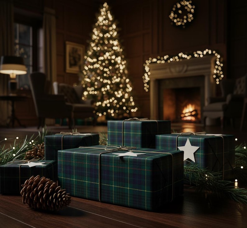 May include: Several wrapped gifts with a green and navy blue plaid pattern are arranged on a wooden surface. Each gift is tied with twine and adorned with a white star. A lit Christmas tree and fireplace are in the background.