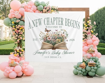 Book Themed Baby Shower Photo Backdrop A New Chapter Begins Banner Book Wildflower Tapestry Book Baby Shower Decor Bookish Baby Welcome Sign