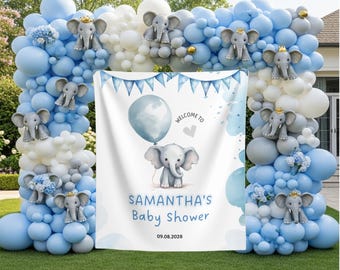 Fondo fotográfico para baby shower con elefante, letrero de bienvenida personalizado con elefante, pancarta de globo azul con elefante, tapiz decorativo para baby shower con elefante.