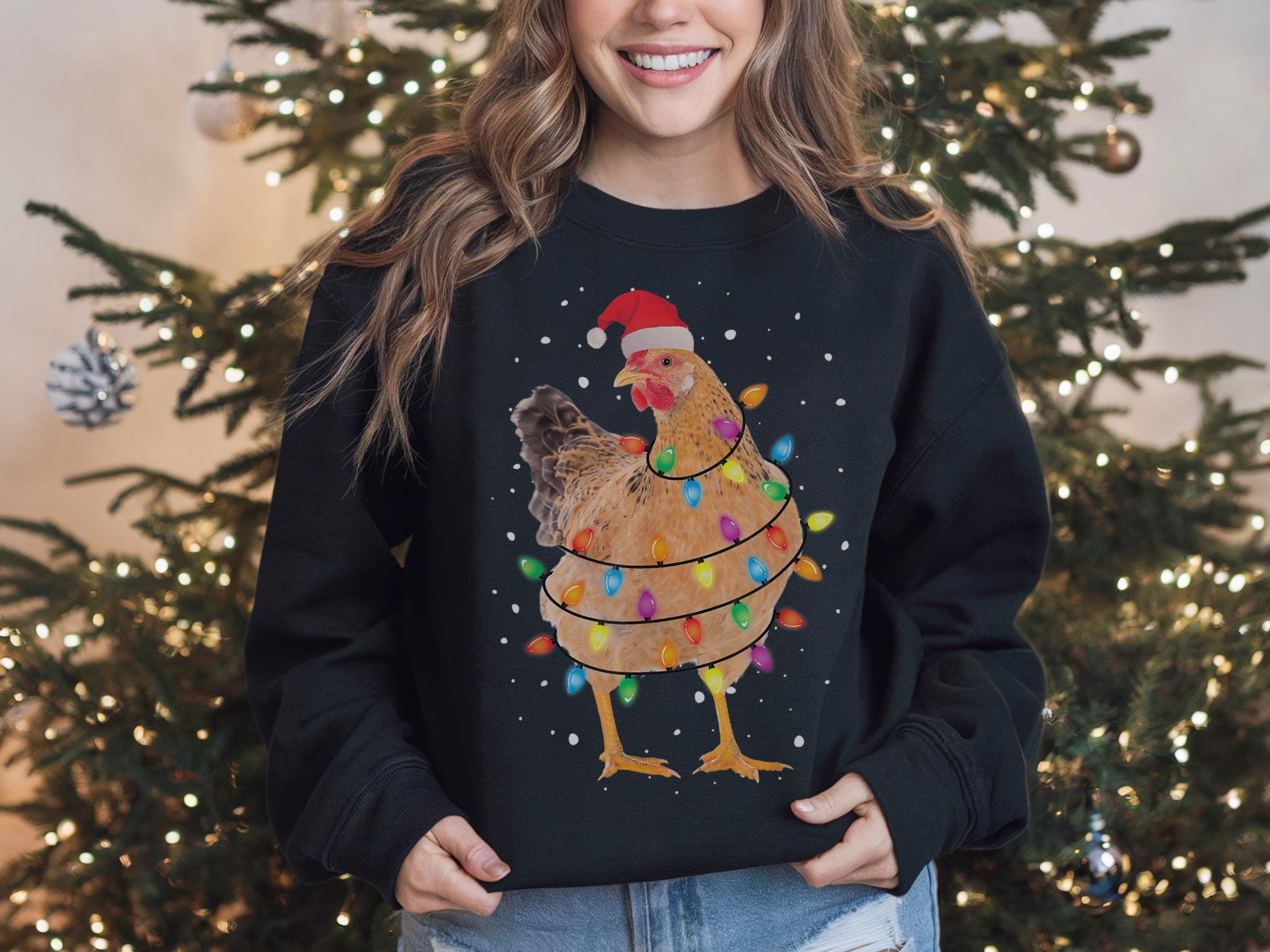チキンのクリスマスライト、醜いクリスマスセーター、チキンのホリデーセーター、チキン愛好家へのクリスマスギフト、クリスマスチキンTシャツ、チキン農家へのギフト  - Etsy 日本, image size:2048x1535