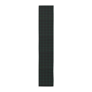 May include: A rectangular table runner featuring a dark green and black plaid pattern. The textile displays a consistent grid of intersecting thin lines in a deep forest green hue layered over a solid black background, creating a classic tartan design.