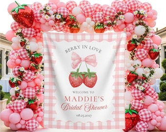 Sfondo per addio al nubilato con fragole, striscione personalizzato per addio al nubilato con fragole, arazzo con bacche innamorate, cartello di benvenuto con motivo a quadretti rosa fragola