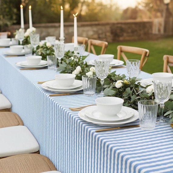 Light Blue and White Scalloped Stripe Tablecloth Beach Wedding Table Linens Nautical Tablescape For Baby Shower Bridal Shower Host Gifts