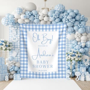 Blue Gingham Baby Shower Backdrop Custom Gingham Baby Boy Welcome Sign Oh Boy Light Blue Gingham Banner Vintage Gingham Tapestry Party Decor
