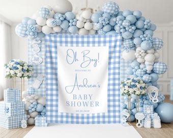 Blue Gingham Baby Shower Backdrop Custom Gingham Baby Boy Welcome Sign Oh Boy Light Blue Gingham Banner Vintage Gingham Tapestry Party Decor