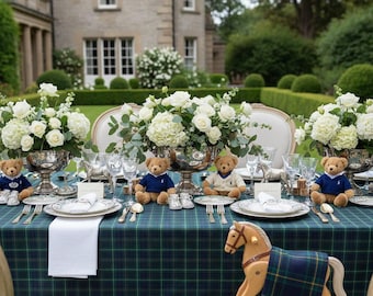 Vintage Preppy Baby Shower Tablecloths Navy & Green Tartan Plaid Table Linens Old Money Aesthetic Luxury Equestrian Shower Tablescape Accent