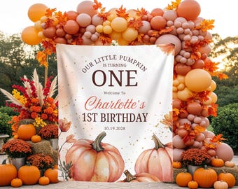 Pompoen eerste verjaardag achtergrond Custom herfst 1e verjaardag banner Our Little Pumpkin Is Turning One Welkomstbordje Herfst baby verjaardag wandtapijt