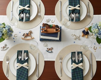 Vintage Preppy Baby Shower Cloth Napkin Bulk 40-150 Navy & Green Tartan Plaid Table Linen Luxury Old Money Equestrian Tablescape Serviette