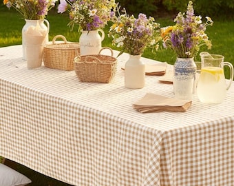 Gold Gingham Plaid Tablecloth Warm Neutral Checkered Table Cover Farmhouse Table Linens Tablescape For Baby Shower Bridal Shower Birthday