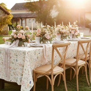 May include: An outdoor dining table set for a special occasion. The table is covered with a floral tablecloth and set with plates, glasses, and floral centerpieces. Wooden chairs with cross-back designs surround the table. Soft sunlight bathes the scene.