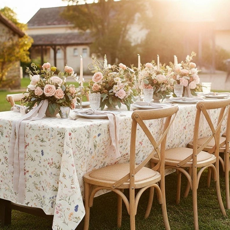 May include: An outdoor dining table set for a special occasion. The table is covered with a floral tablecloth and set with plates, glasses, and floral centerpieces. Wooden chairs with cross-back designs surround the table. Soft sunlight bathes the scene.