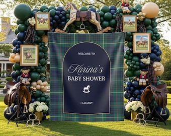Vintage Preppy Baby Shower Backdrop Navy & Green Tartan Plaid Welcome Sign Old Money Baby Shower Banner Luxury Equestrian Shower Tapestry