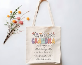 Custom Grandma Cotton Canvas Tote Bag With Grandkids Names Grandma Floral Tote Grandma Mother's Day Gift Bag Retro Grandma Flowers Tote Bag